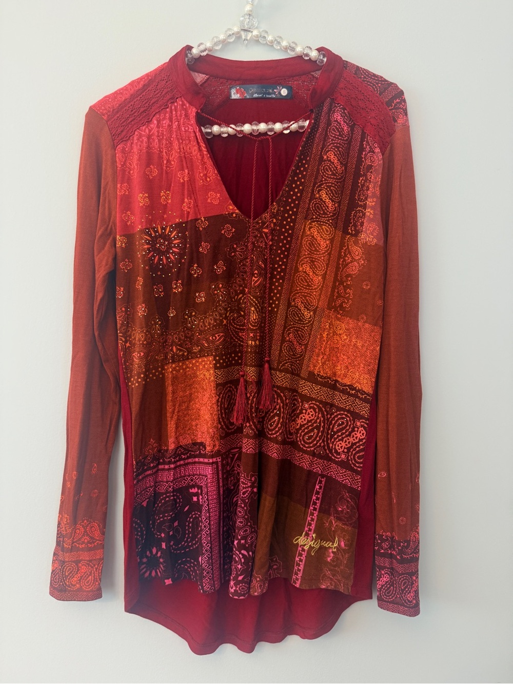 Desigual Patchwork Paisley Long Sleeve Tunic Top Size S